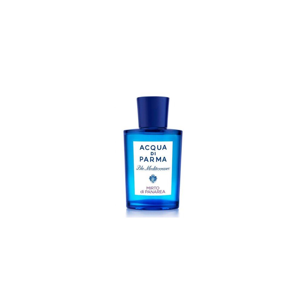 Flacone di vetro blu con tappo blu. Etichetta bianca con scritta: ACQUA DI PARMA, Blu Mediterraneo, Mirto di Panarea.