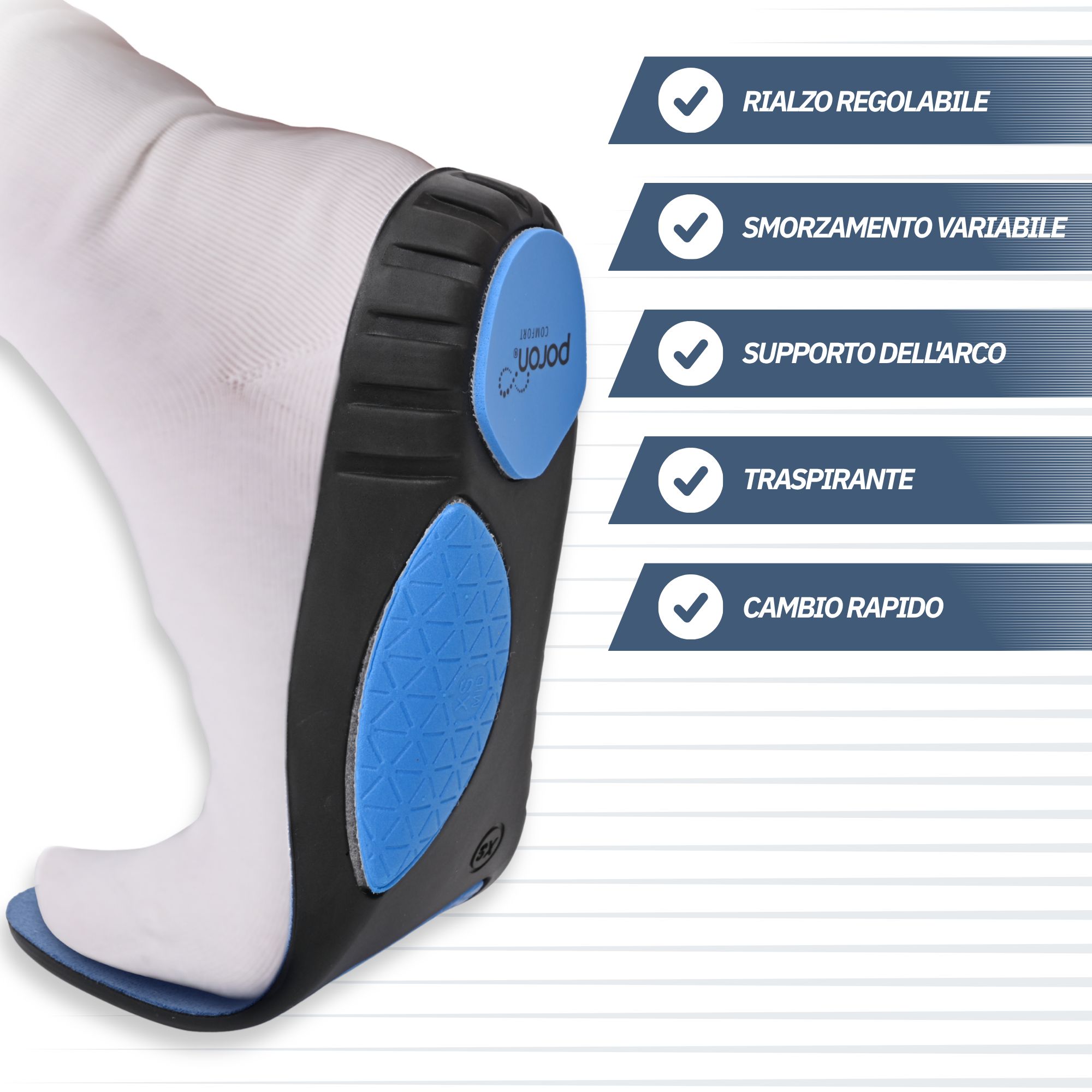 Soletta con rialzo regolabile, ammortizzazione variabile, supporto arco plantare, traspirante.
