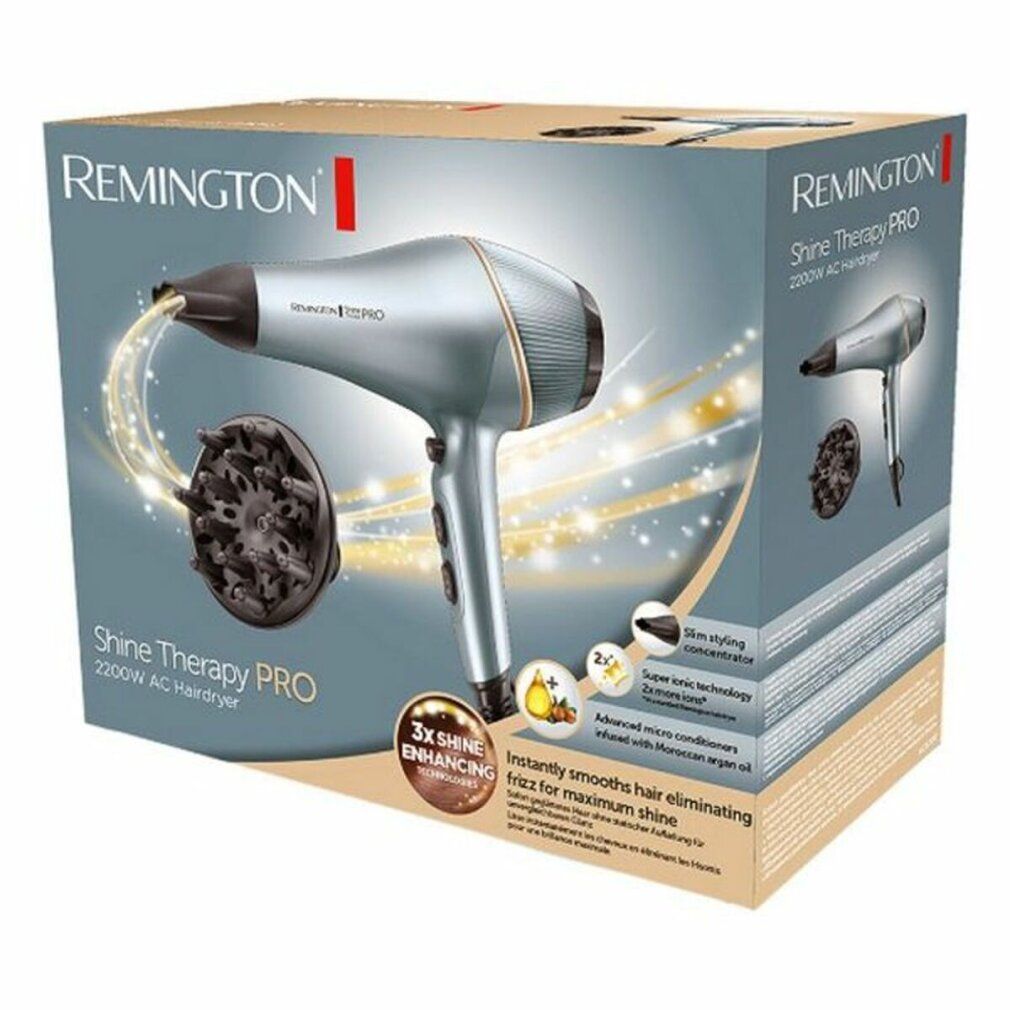Asciugacapelli in confezione. Marca: Remington Shine Therapy PRO. Accessorio: diffusore. Testo: 2200W, 3x Shine Enhancing.