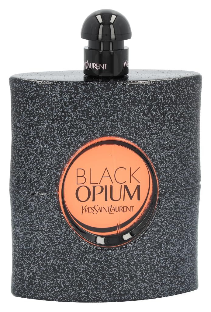 Flacone nero con etichetta rotonda. Scritta Black Opium, Yves Saint Laurent. Tappo nero.