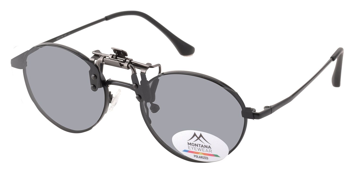 Occhiali da sole clip-on Montana Eyewear Mauritius. Lenti rotonde grigie. Montatura nera. Logo.