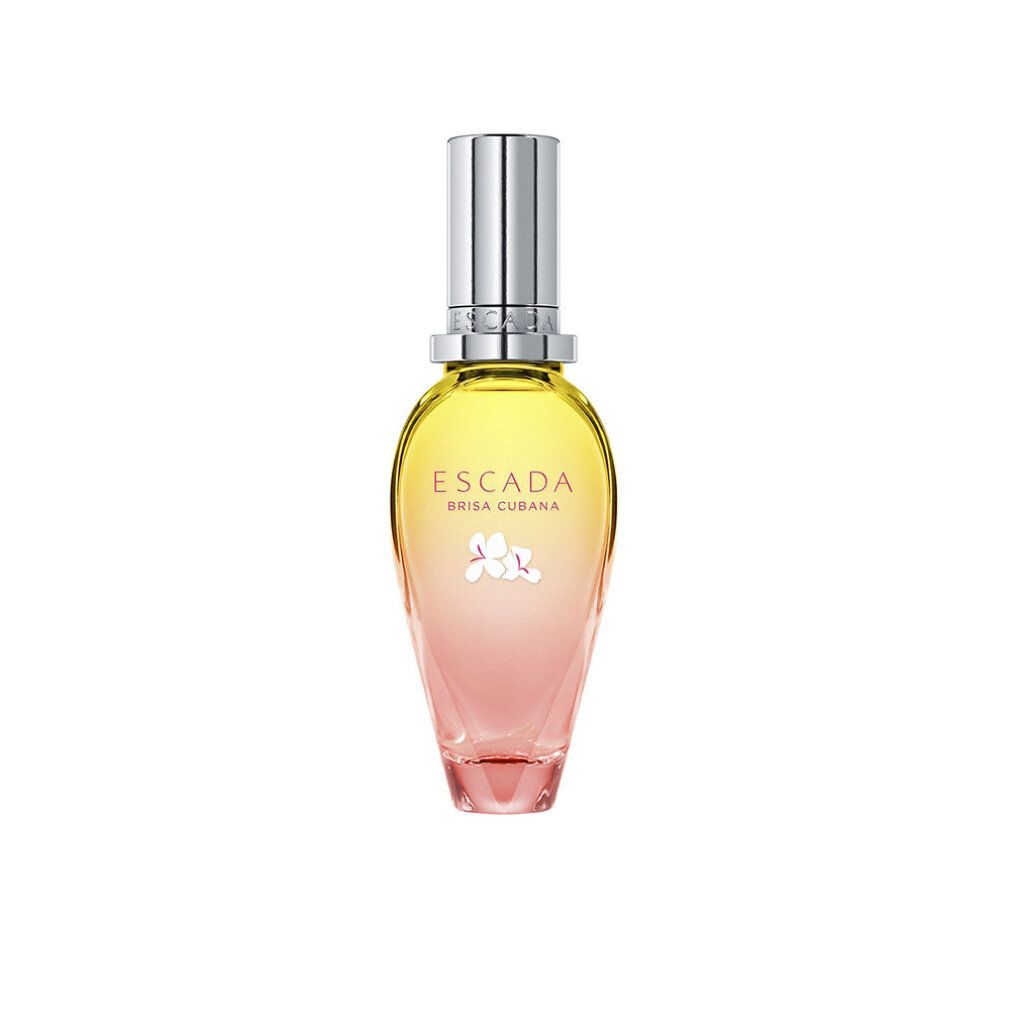 Flacone di profumo Escada Brisa Cubana. Sfumatura giallo-rosa, tappo argentato. Scritta: Escada, Brisa Cubana.