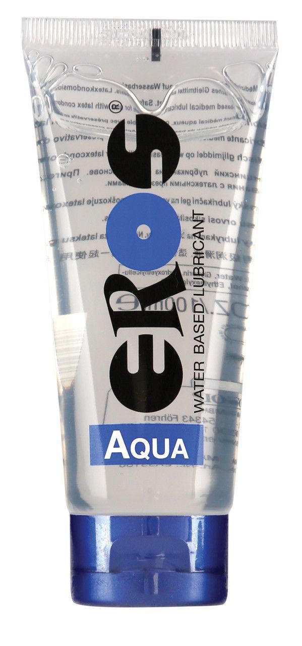 Lubrificante EROS Aqua a base d'acqua in tubo trasparente con tappo blu.