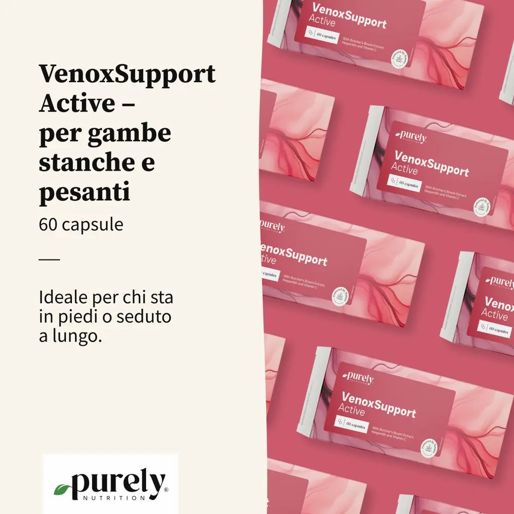 Diverse confezioni di VenoxSupport Active. Testo: VenoxSupport Active - per gambe stanche e pesanti. 60 capsule.