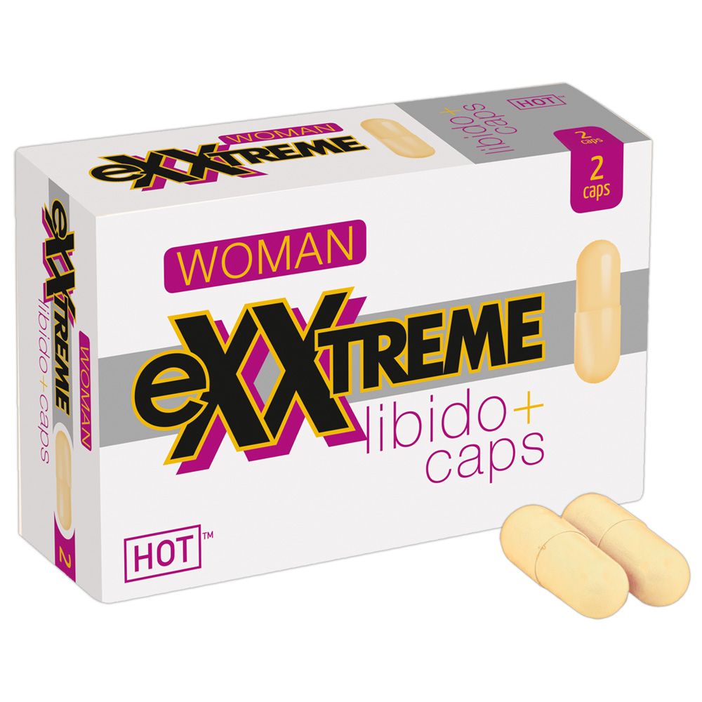Scatola di capsule. Scritta: eXXtreme libido+ caps, HOT, WOMAN. Due capsule accanto.