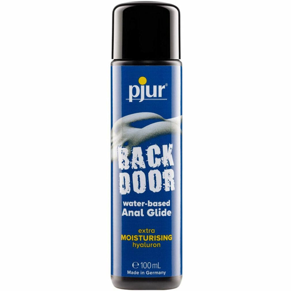 Flacone blu con tappo nero. Scritta: pjur, BACK DOOR, water-based Anal Glide, extra moisturising hyaluron.