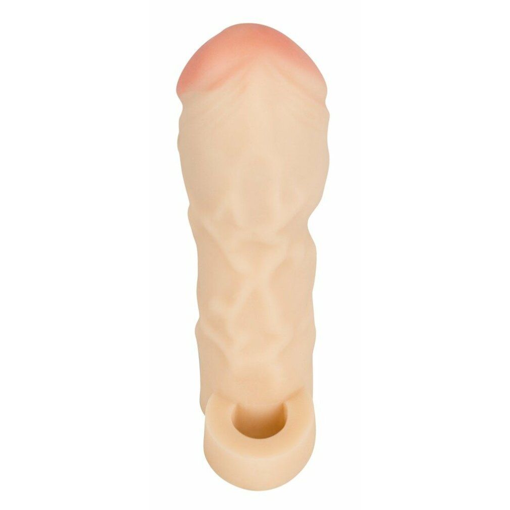 Extension del pene beige con punta rosa. Base con apertura. Superficie strutturata.