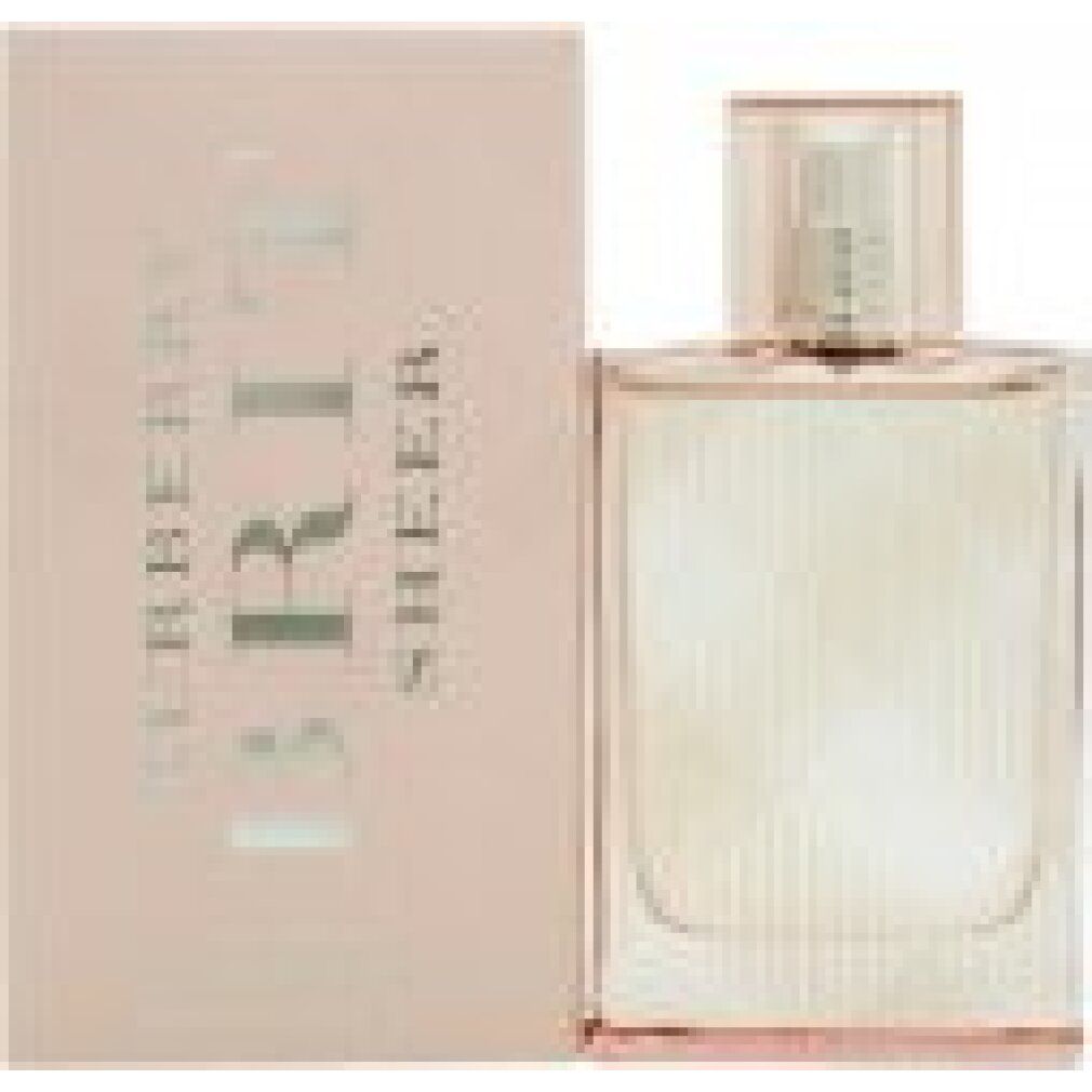Confezione e flacone rosa. Scritta "Burberry Brit Sheer". Flacone con vaporizzatore argentato.