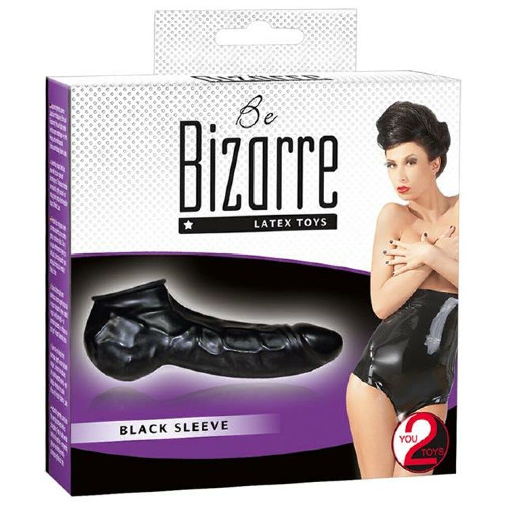 Manicotto nero in lattice su confezione con modella e nome prodotto 'Be Bizarre'.