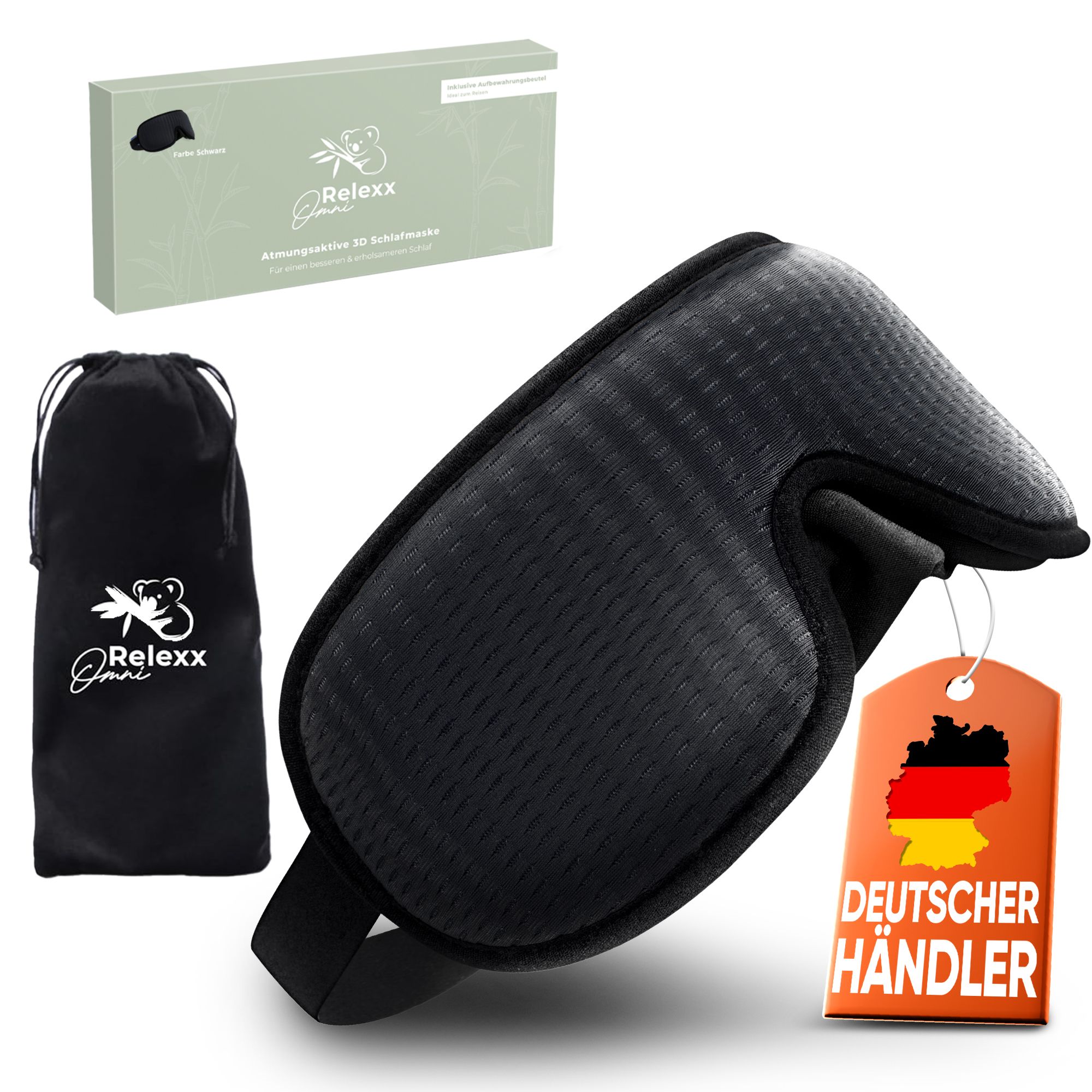 Maschera per dormire nera, con sacchetto da viaggio e confezione. Rivenditore tedesco. Marchio Relexx Omni.