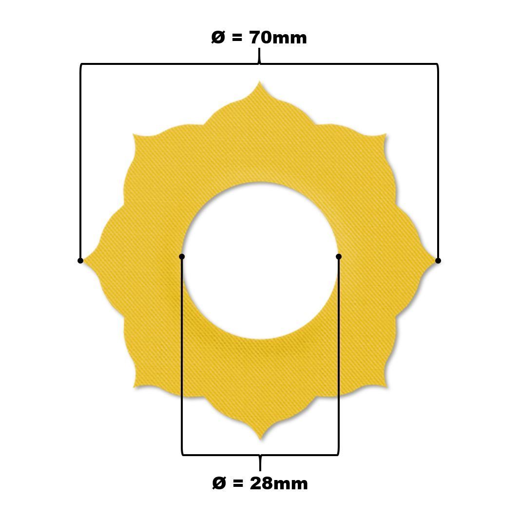 Anello di fissaggio giallo con bordo floreale e foro centrale. Diametro 70mm, foro 28mm. Superficie strutturata.