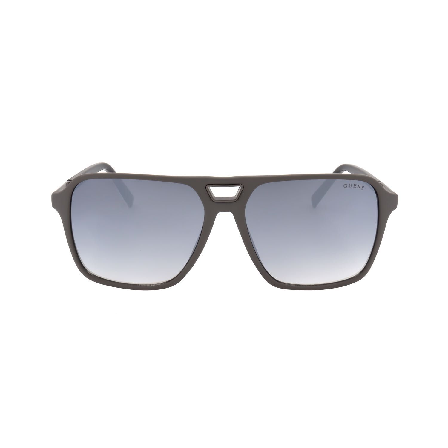 Occhiali da sole grigi da aviatore con montatura scura e lenti sfumate blu. Logo Guess sulla stanghetta.