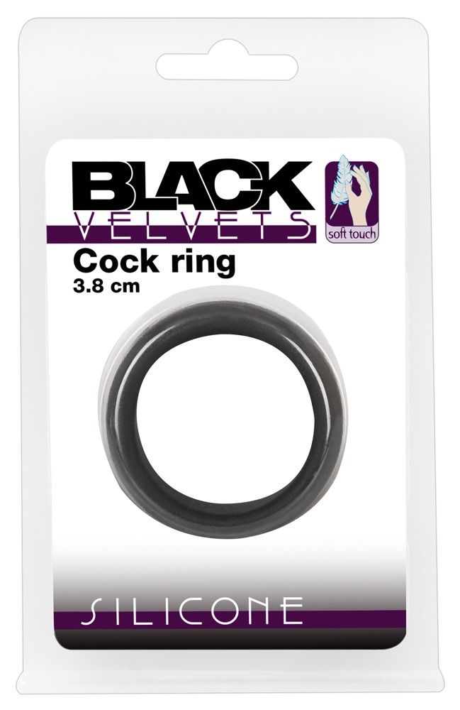 Anello per pene nero in confezione. Marchio: Black Velvets. Dimensione: 3,8 cm. Materiale: silicone. Logo soft touch.