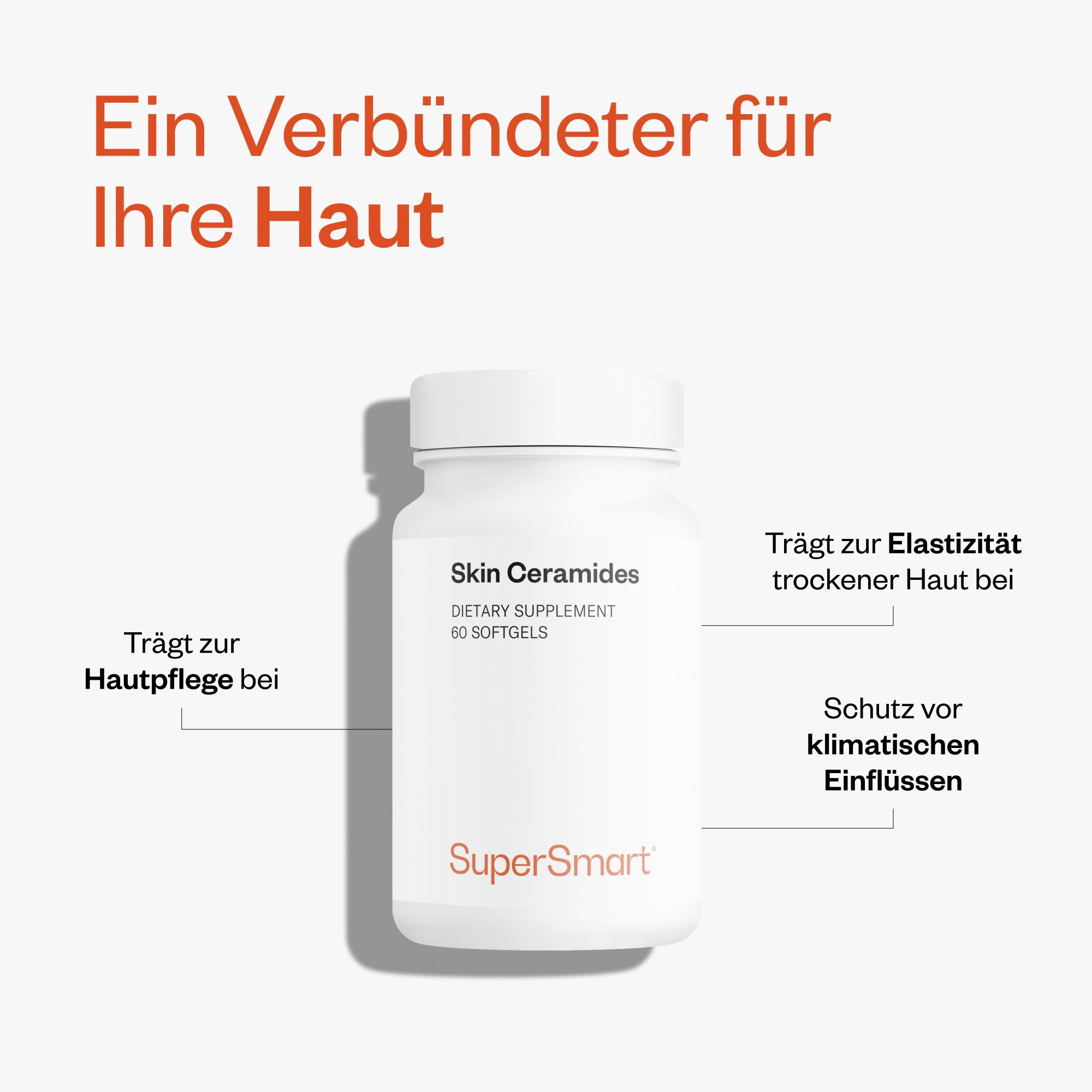 Flacone bianco con scritte 'Skin Ceramides' e 'SuperSmart', 60 softgels.