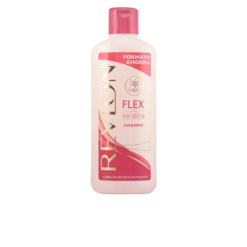 Flacone di shampoo Revlon Flex Keratina. Etichetta bianca, tappo rosa. Testo: Per capelli secchi o danneggiati.