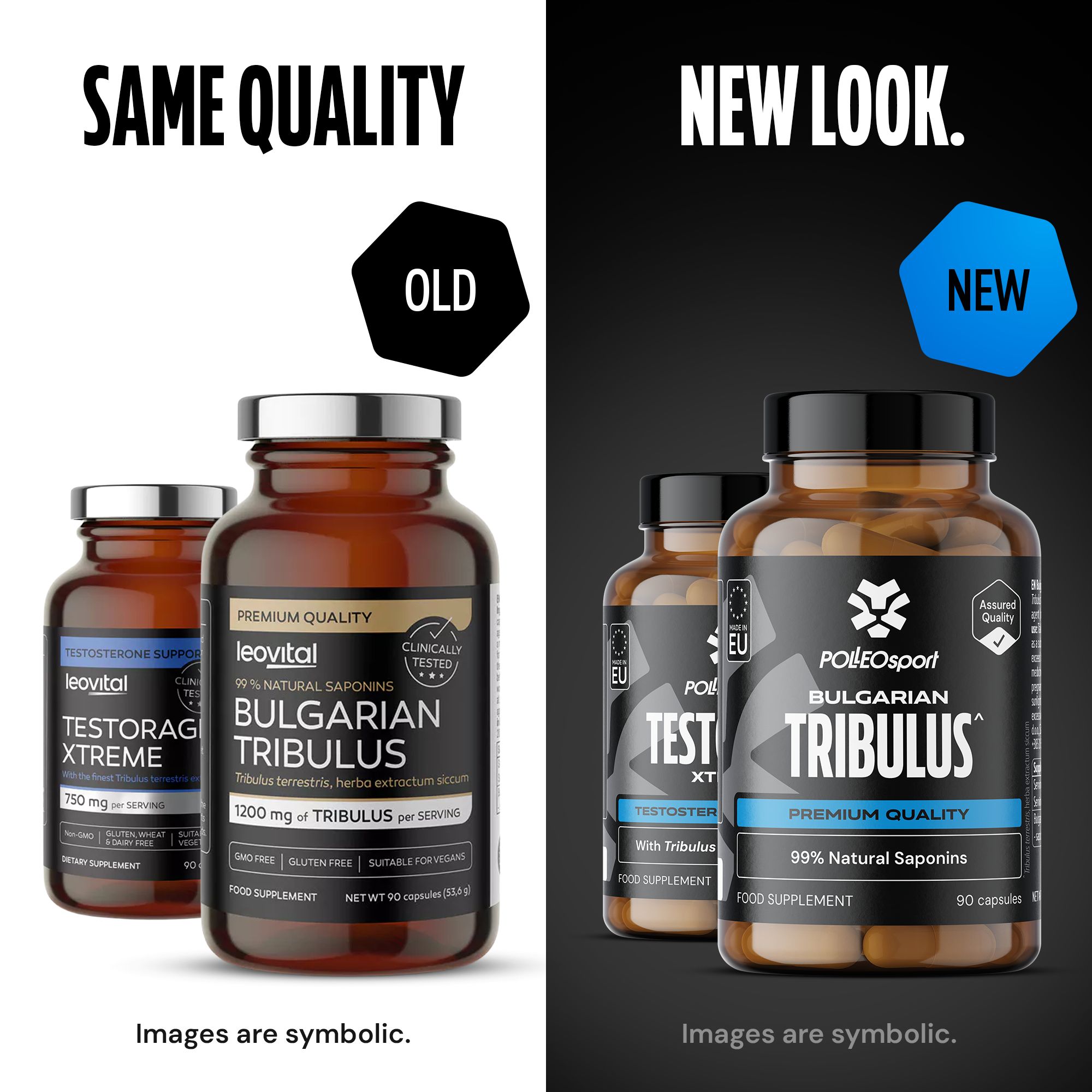 Confronto tra confezioni vecchie e nuove. A sinistra: Leovital Testorag Xtreme e Bulgarian Tribulus. A destra: PolleoSport Bulgarian Tribulus. 90 capsule.