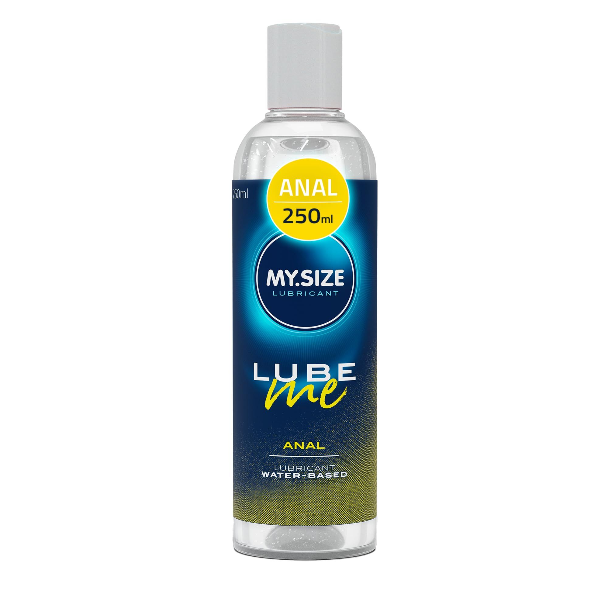 Gel lubrificante MY.SIZE Lube Me Anal in flacone trasparente. Cerchio giallo con 'Anal 250ml'. A base d'acqua.