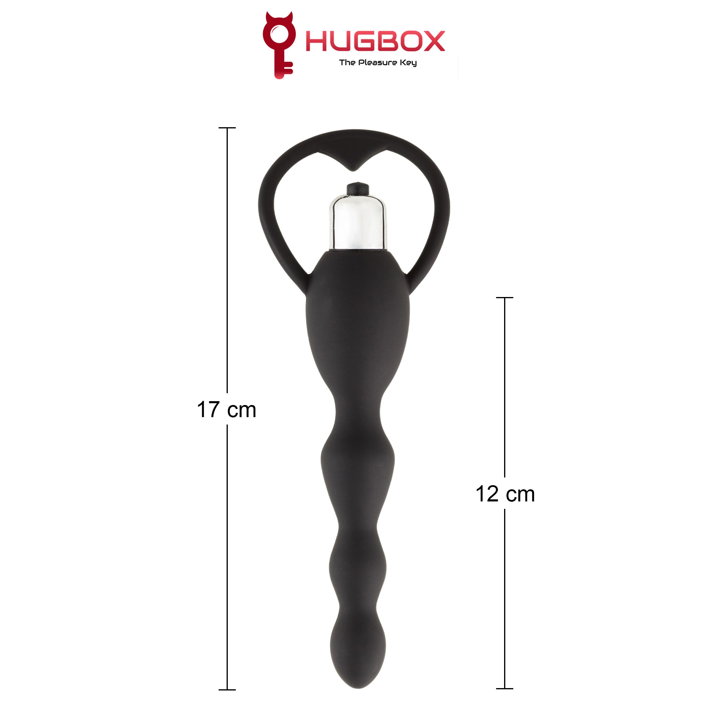 Prodotto intimo nero con manico. Dimensioni: 17 cm x 12 cm. Logo: HUGBOX The Pleasure Key.