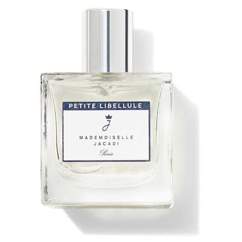 Jacadi Mademoiselle Peti Libellule Edt50. Flacone quadrato in vetro con tappo argentato. Scritta: PETITE LIBELLULE, MADEMOISELLE JACADI Paris.