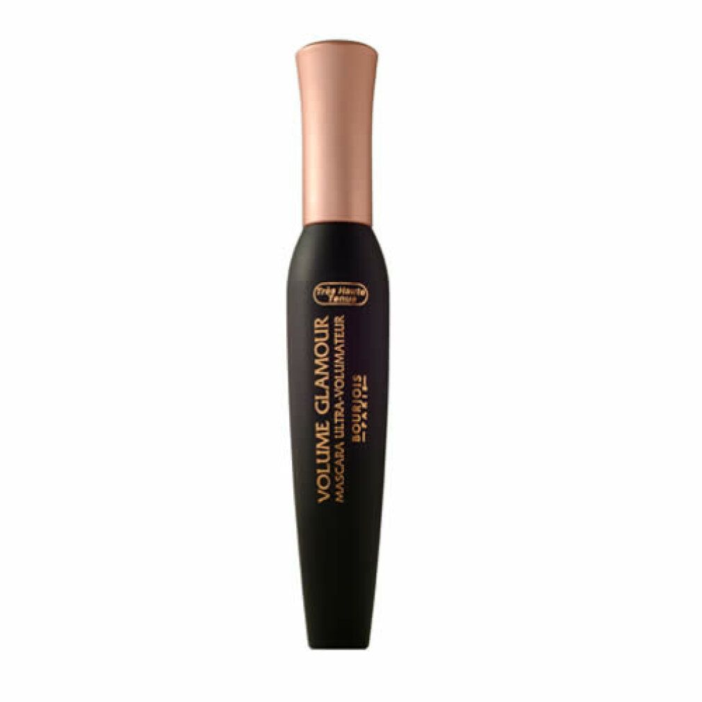 Tubetto di mascara nero con cappuccio color oro rosa. Testo: VOLUME GLAMOUR, BOURJOIS PARIS.