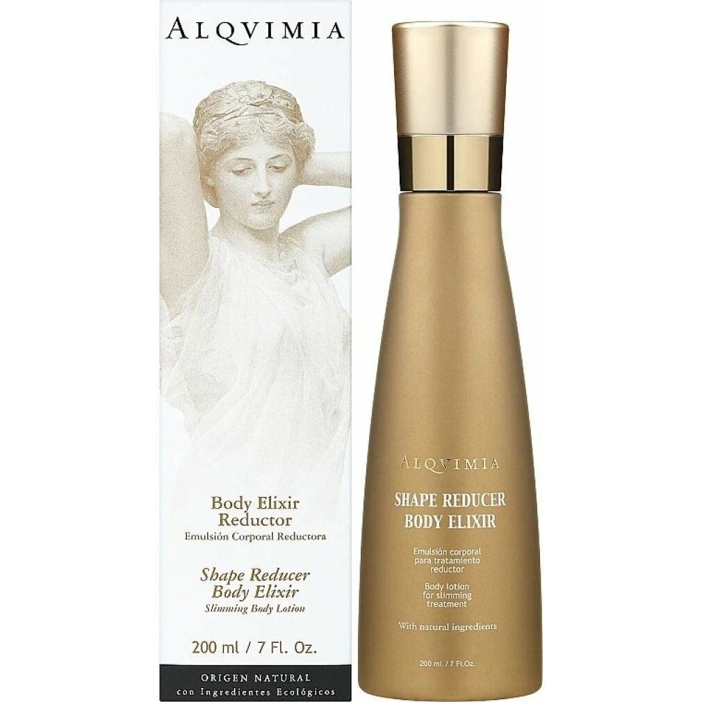 Flacone dorato con tappo argentato e scatola. Scritta: Alqvimia, Shape Reducer Body Elixir, 200 ml.