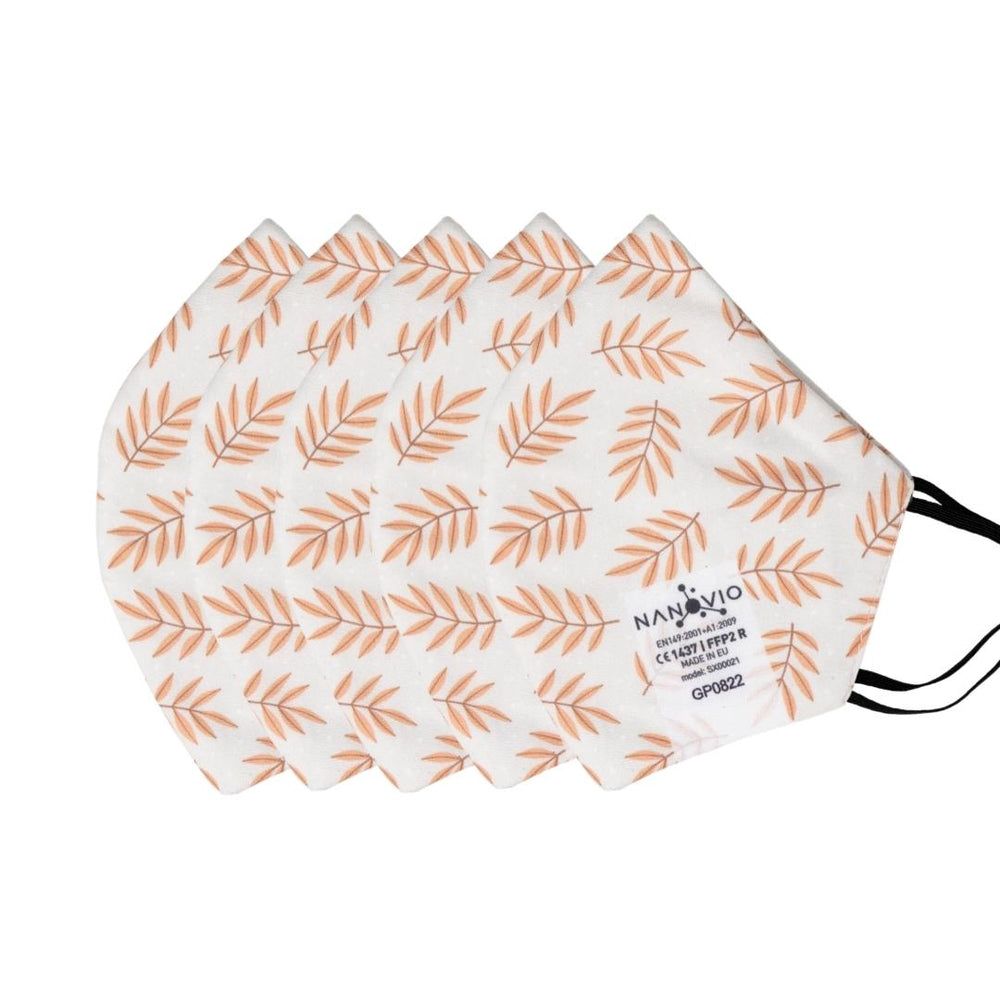 Cinque maschere con motivo a foglie. Marchio Nanovio visibile. Marchio CE.