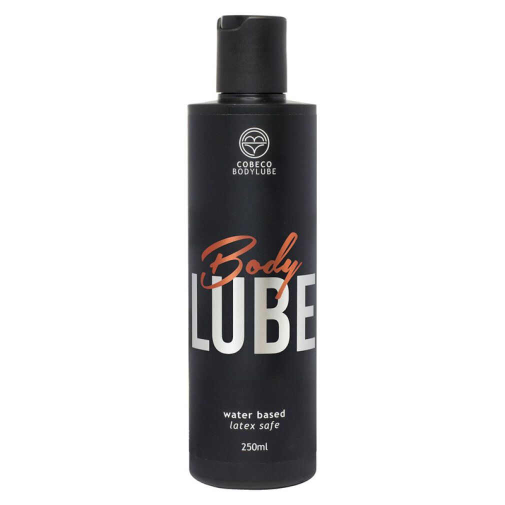 Flacone nero con tappo a ribalta. Scritta: Cobeco Bodylube, Body Lube, water based, latex safe, 250ml.