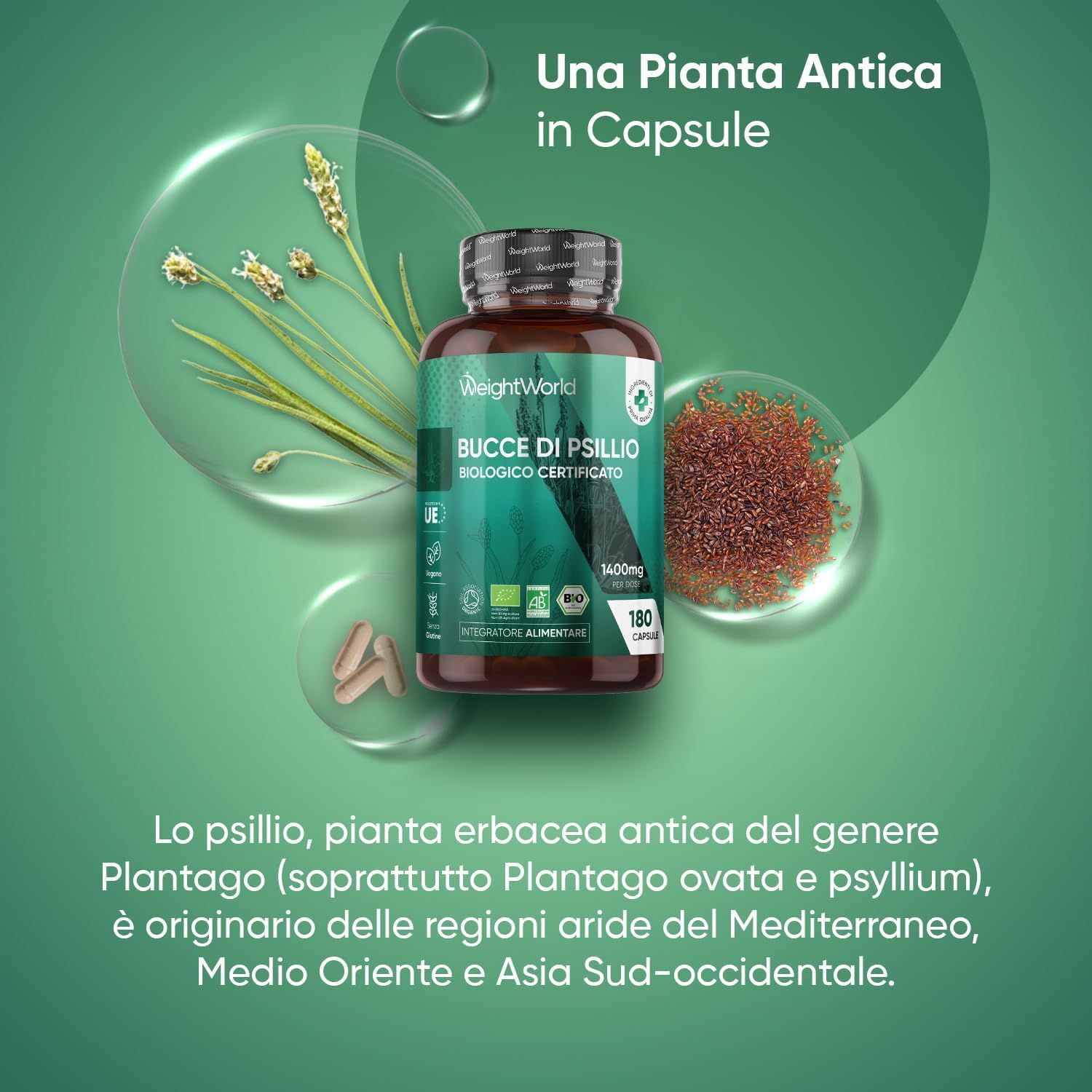 Flacone del prodotto con capsule e psillio. Testo: Una Pianta Antica in Capsule. Certificato biologico. 180 capsule.