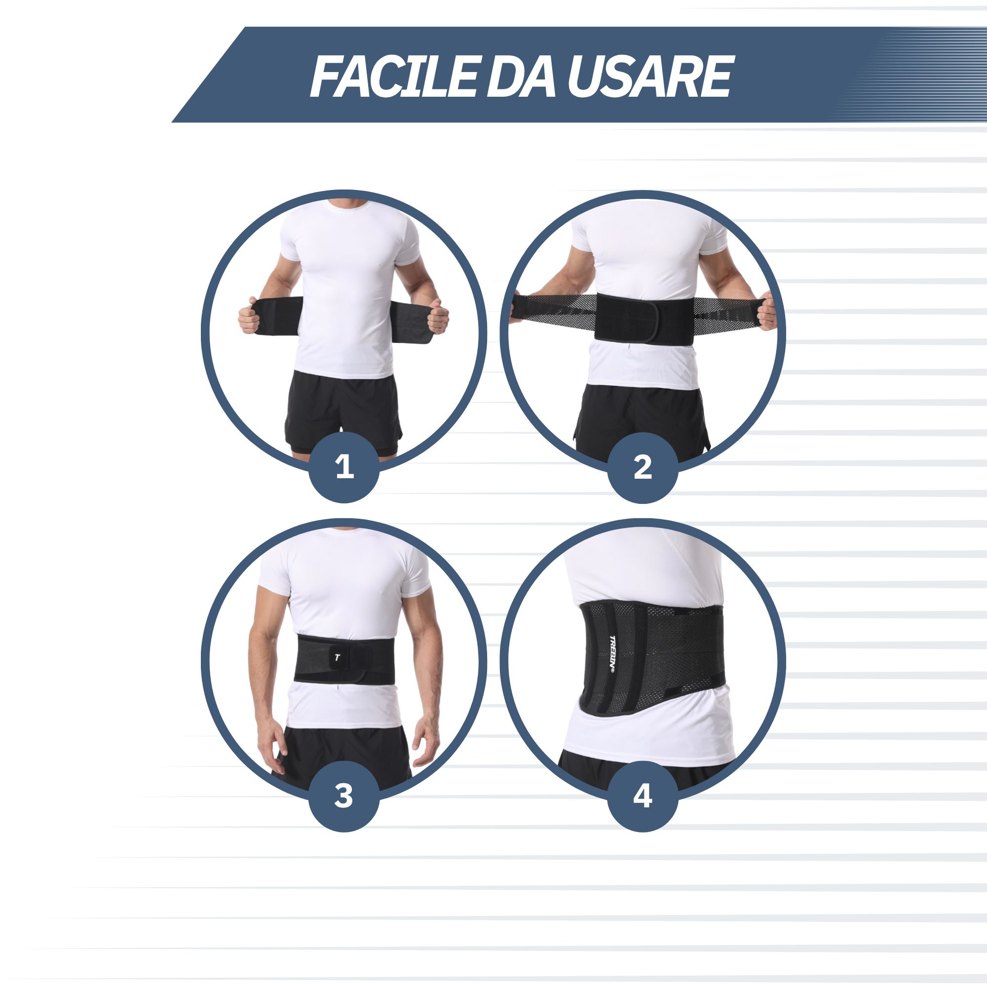 Istruzioni per l'uso di una cintura addominale in quattro passaggi: indossare, chiudere, portare, primo piano.