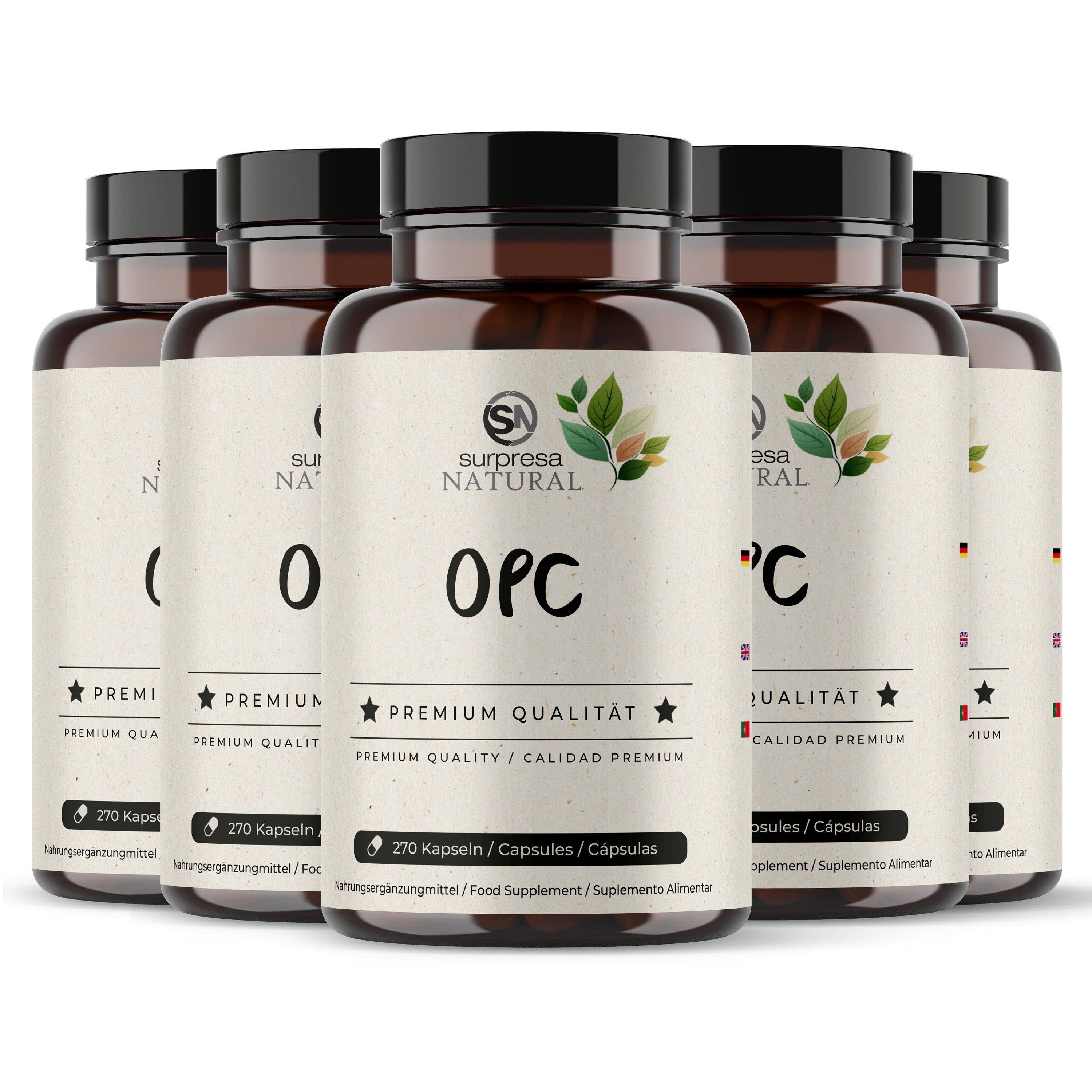 Sei flaconi con capsule OPC, etichette "Surpresa Natural OPC" e "Qualità Premium".