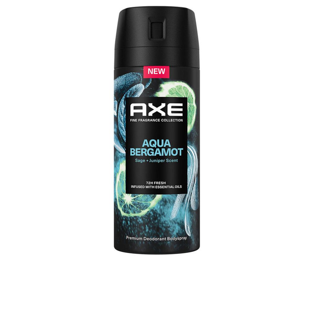 Axe Aqua Bergamot spray deodorante. Bomboletta nera con grafica blu e verde. Testo: Aqua Bergamot, Sage + Juniper Scent.