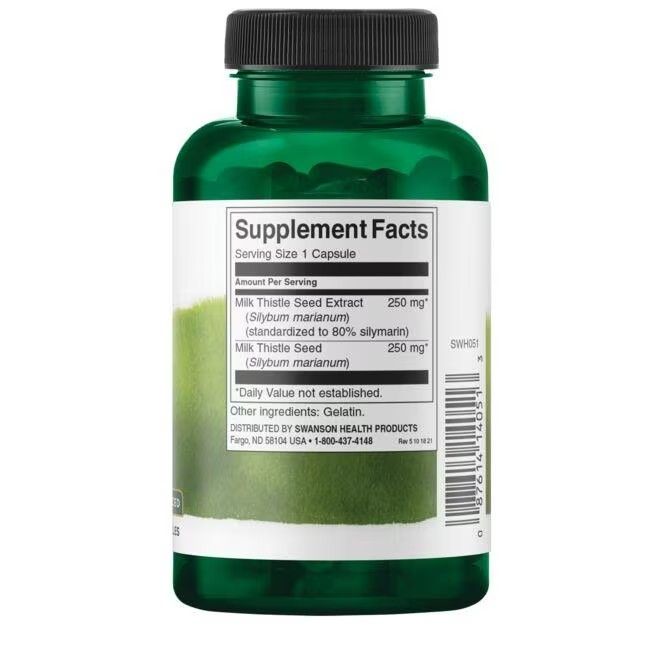 Retro di una bottiglia verde. Etichetta con informazioni nutrizionali e ingredienti: Milk Thistle Seed Extract.