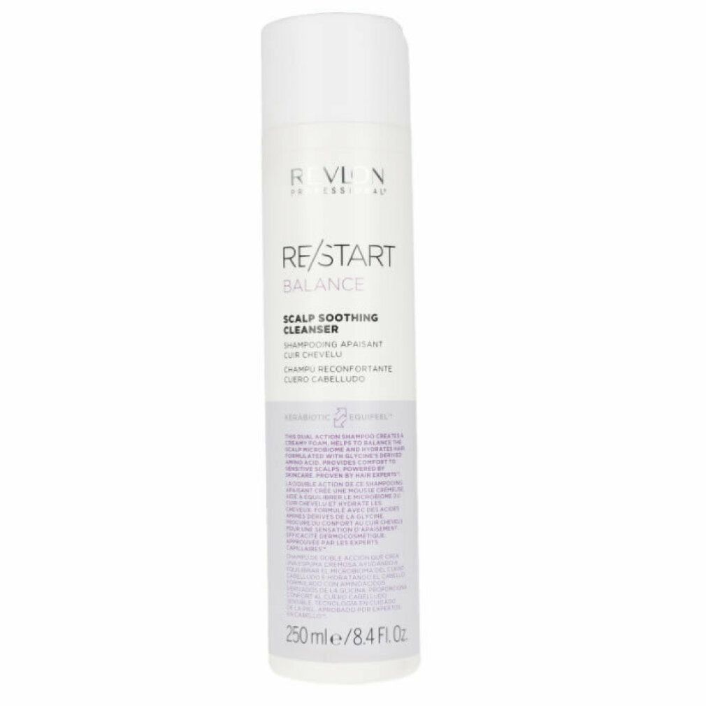 Flacone cilindrico bianco. Scritta: RE/START BALANCE, SCALP SOOTHING CLEANSER. 250 ml/8.4 Fl Oz.