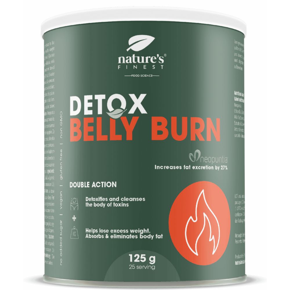 Lattina Detox Belly Burn di Nature's Finest. Sfondo verde, fiamma arancione. 25 porzioni, 125g.