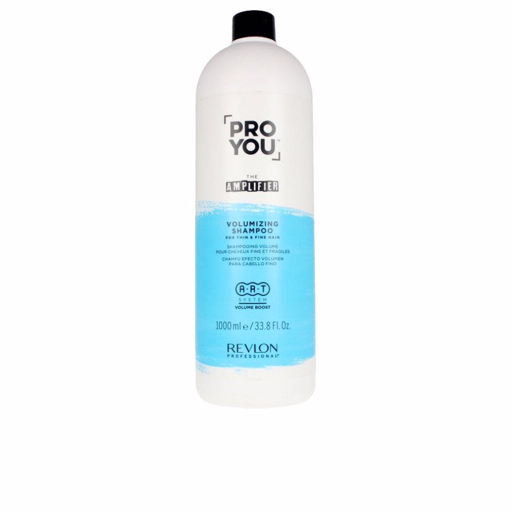Flacone bianco, tappo nero. Scritta: Pro You The Amplifier Volumizing Shampoo. Etichette blu e bianche. Revlon Professional.