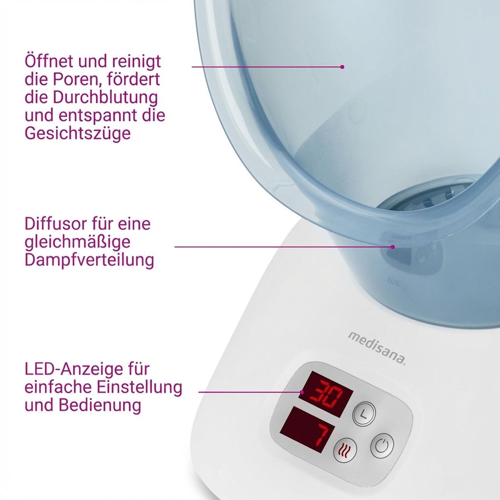 Vista dettagliata: display LED (30 min), controlli, diffusore e note testuali.