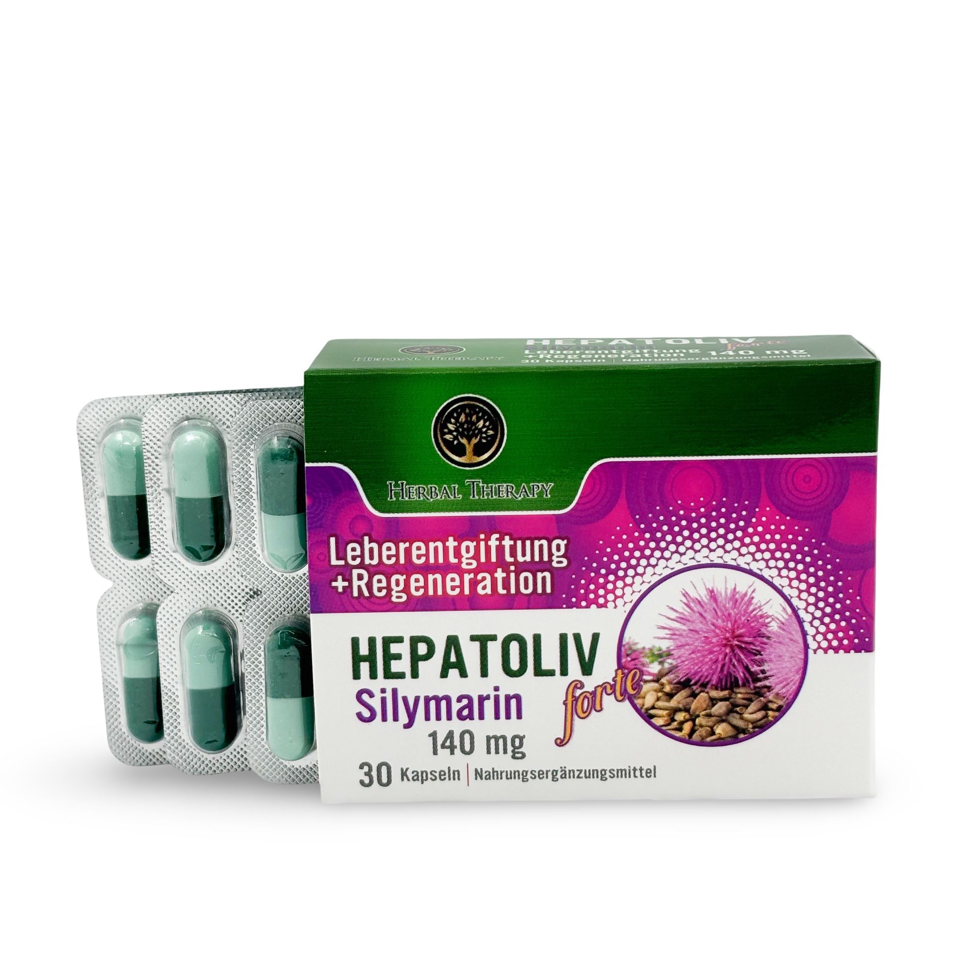 Scatola HEPATOLIV Silymarin forte 140 mg e blister di capsule. 30 capsule. Integratore alimentare.