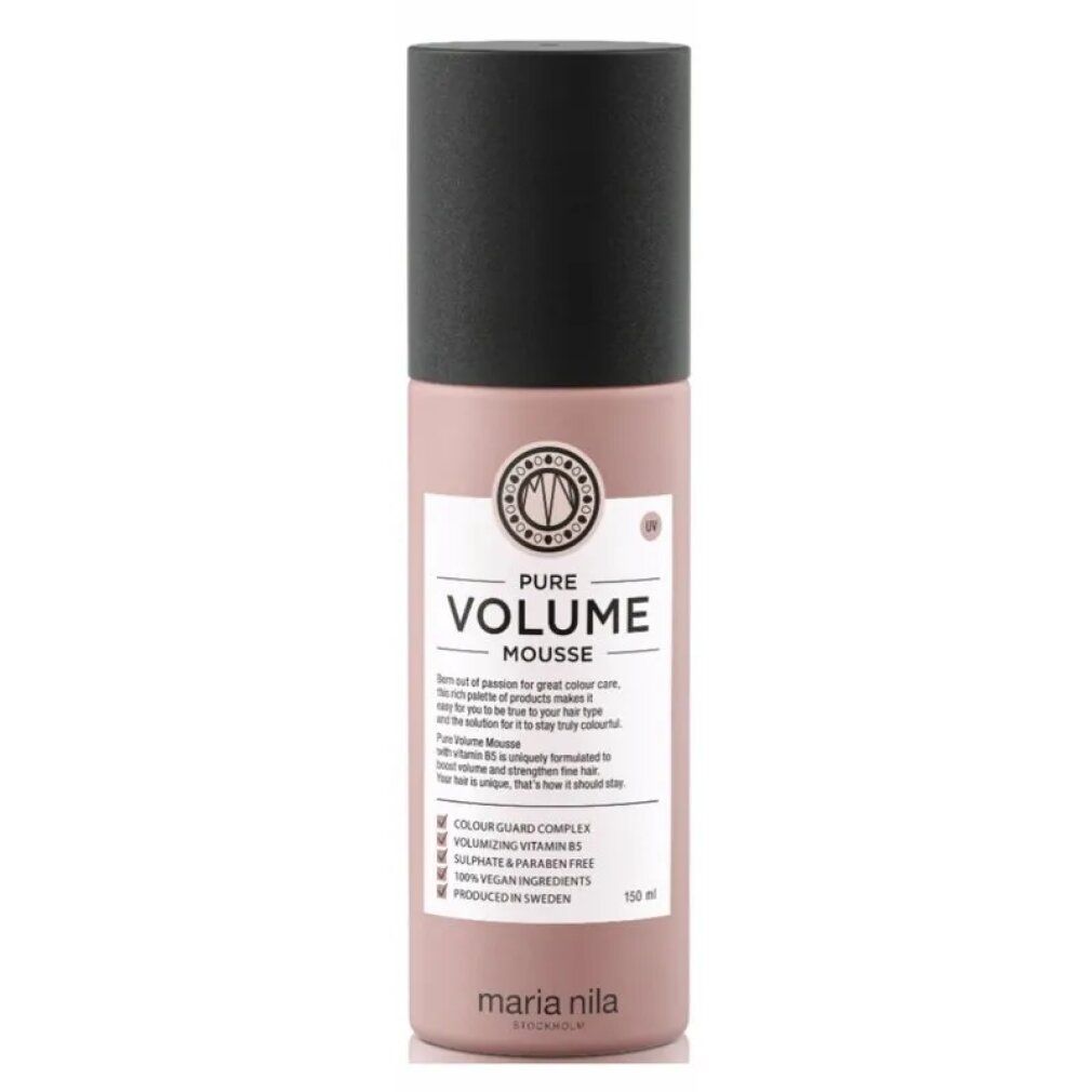 Flacone rosa con tappo nero. Etichetta con testo: Pure Volume Mousse. Marchio: Maria Nila. Vegano e cruelty-free.