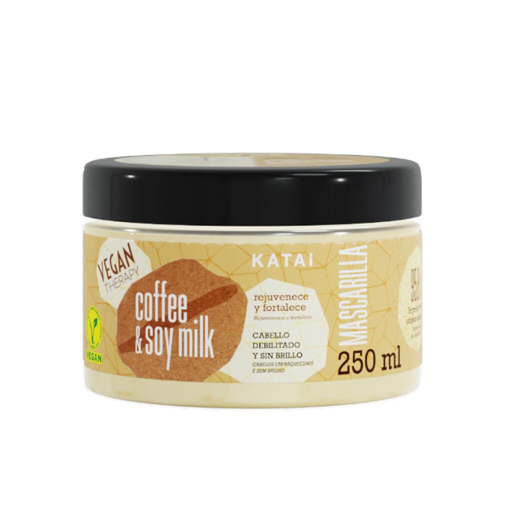 Barattolo di crema con coperchio nero. Scritta: Katai, coffee & soy milk, Mascarilla, 250 ml. Logo vegan.