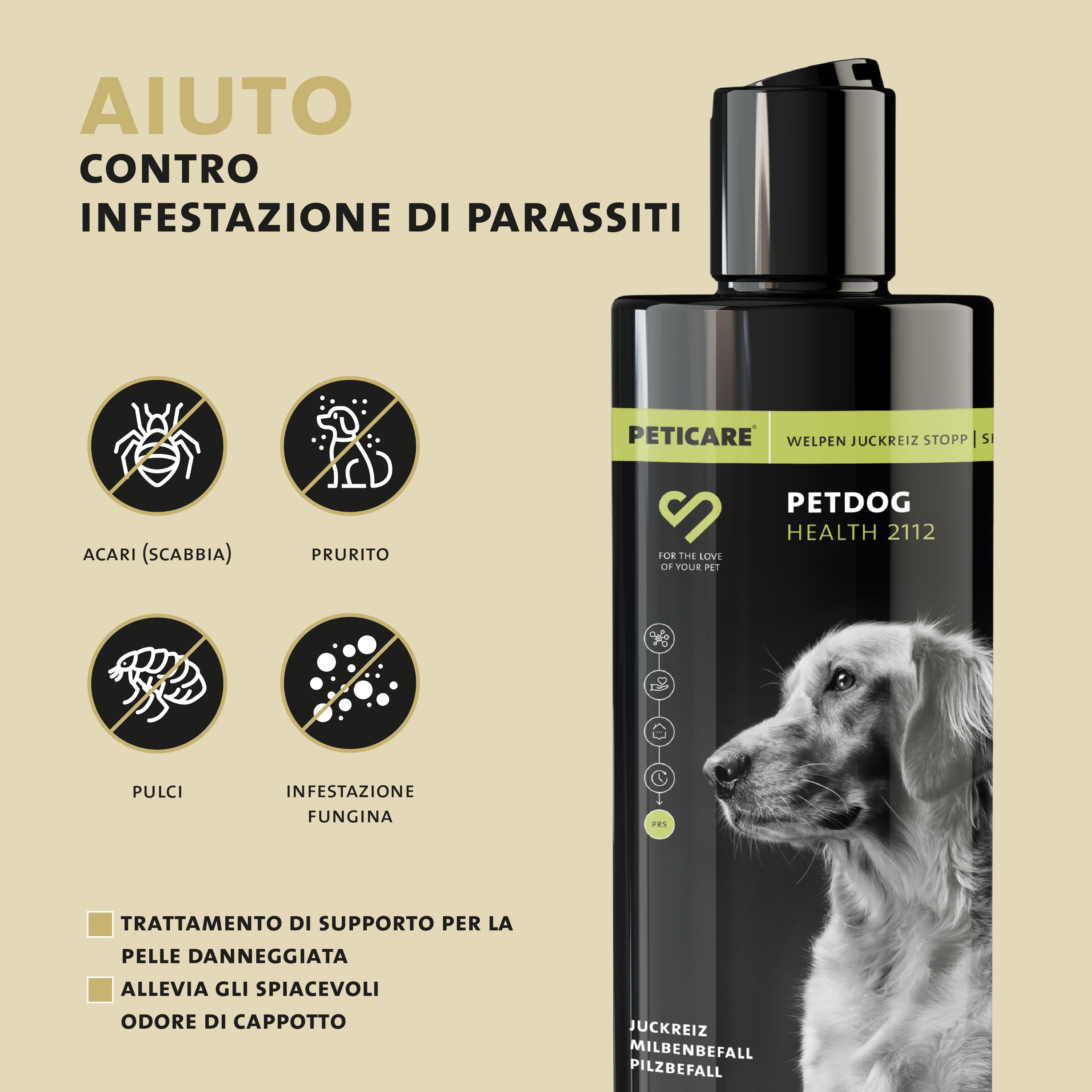 Flacone del prodotto con testo: Aiuto contro l'infestazione da parassiti. Simboli: Acari, pulci, infezione fungina, prurito. Testo: Trattamento.