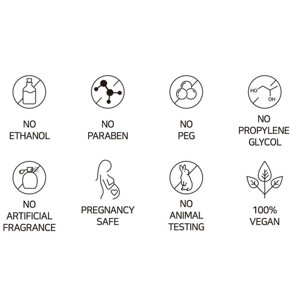 Icone: Nessun etanolo, parabeni, PEG, glicole propilenico, profumi artificiali, test sugli animali, vegano, ecc.