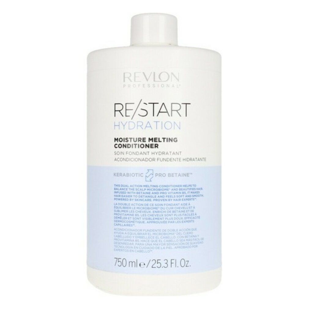 Flacone bianco di balsamo con etichetta blu. Testo: Revlon Re-Start Hydration, Moisture Melting Conditioner. 750 ml/25.3 Fl. Oz.