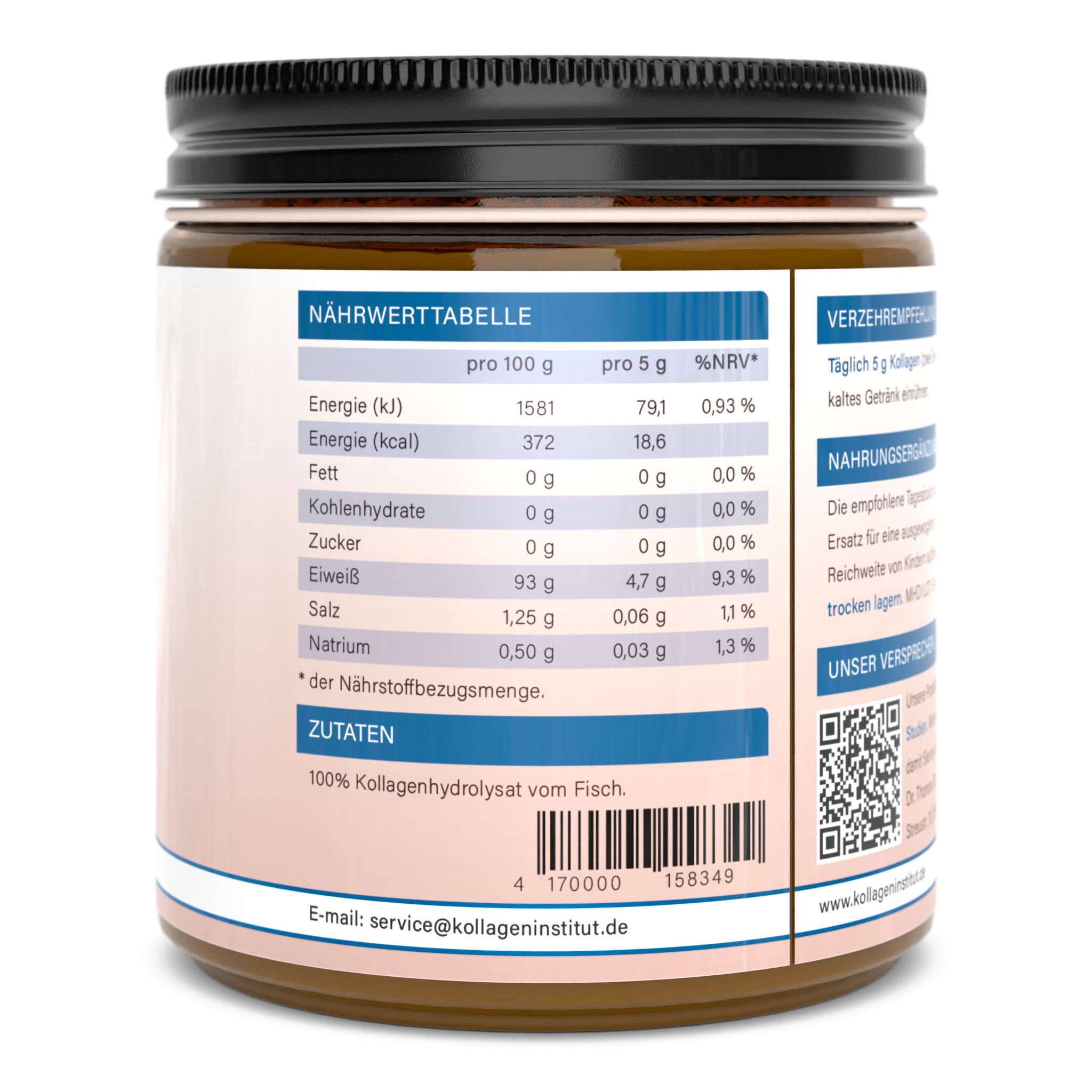 Retro di un barattolo. Tabella nutrizionale, elenco ingredienti: 100% idrolizzato di collagene di pesce. Indirizzo e-mail e indirizzo del sito web.