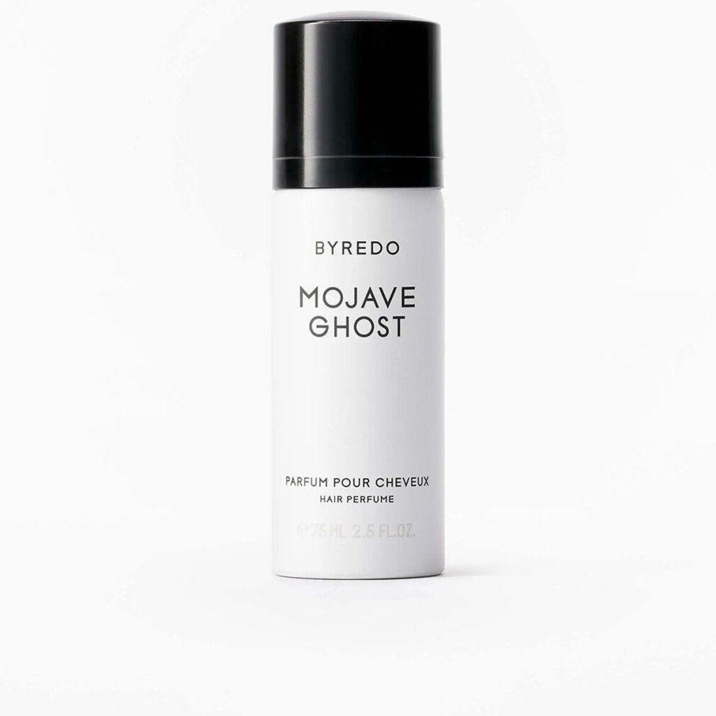 Flacone bianco Byredo Mojave Ghost Hair Perfume, tappo nero. Scritta: Mojave Ghost, Parfum pour Cheveux, Hair Perfume.