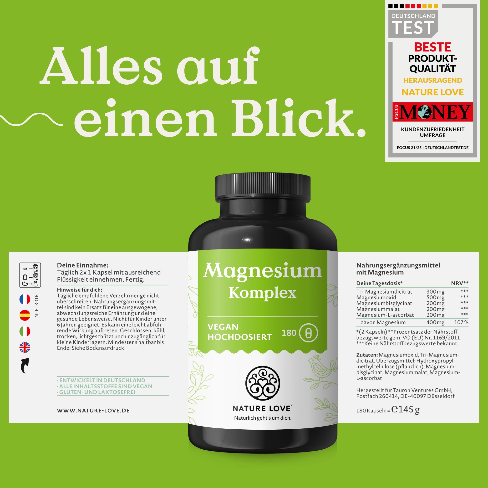 Flacone NATURE LOVE Magnesium Komplex. Con sigillo 'Deutschland Test'. Testo: Tutto a colpo d'occhio. Assunzione e valori nutrizionali.