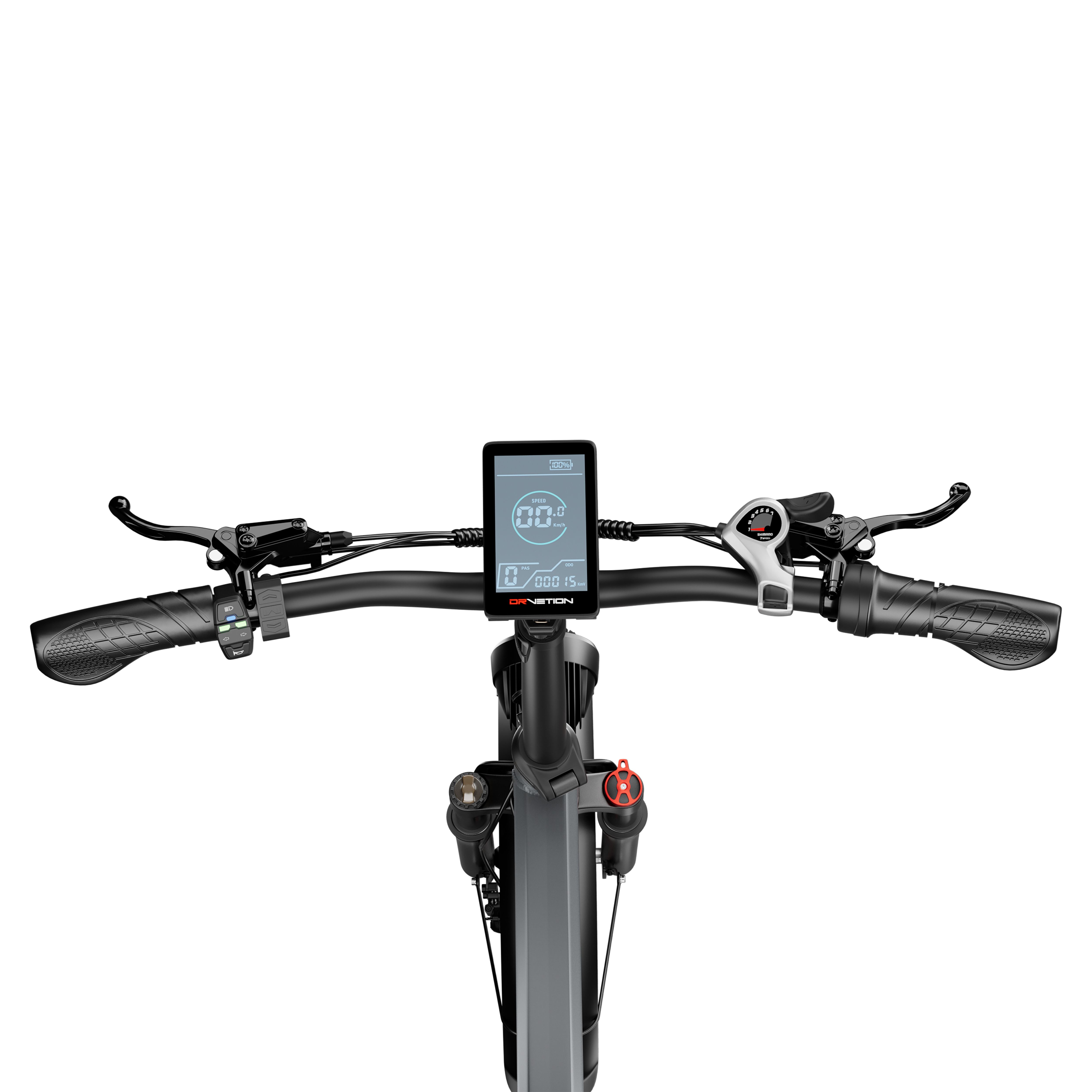 Manubrio di e-bike. Display digitale, comandi. Marchio: DrveTion. Colore nero.