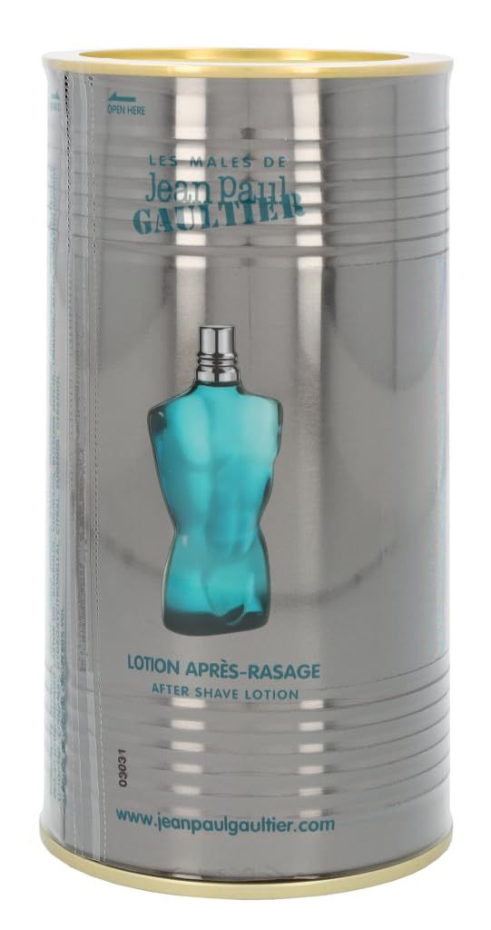 Latta cilindrica con flacone a forma di torso. Scritta: Jean Paul Gaultier, Lotion Après-Rasage. www.jeanpaulgaultier.com.