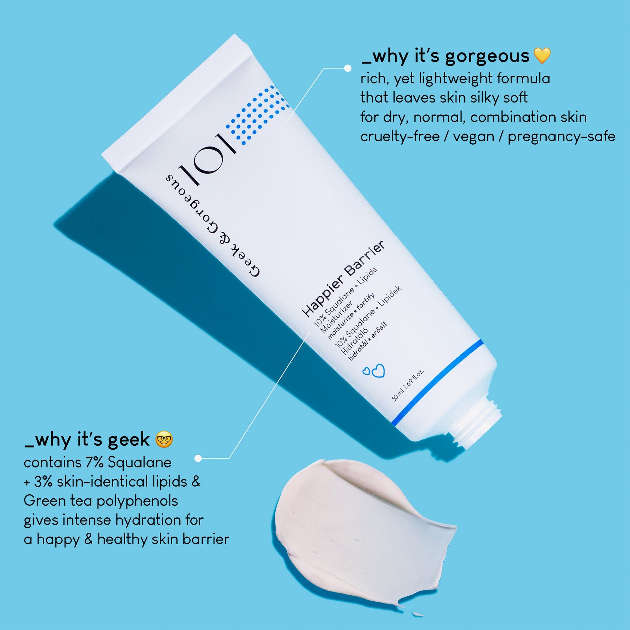 Tubo bianco Happier Barrier con dettagli blu. Testo: 101, Geek & Gorgeous, Happier Barrier, Moisturizer. Prodotto su sfondo blu con crema.