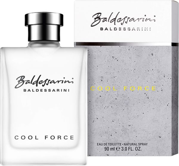 Flacone e confezione Baldessarini Cool Force Edt Spray. Flacone bianco, tappo argento, confezione grigia.
