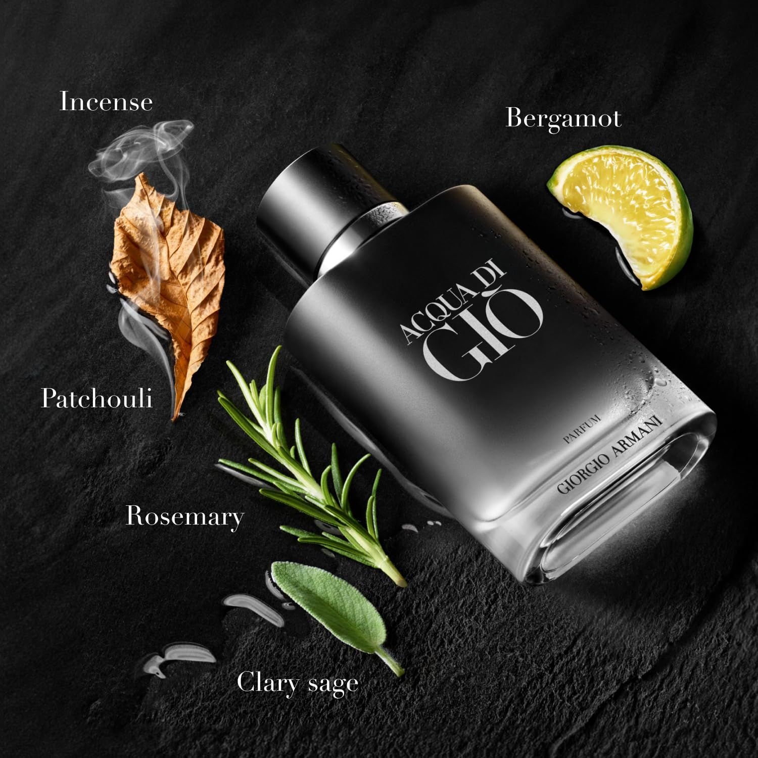 Flacone nero Acqua di Giò Parfum con erbe e frutta. Logo Giorgio Armani visibile.